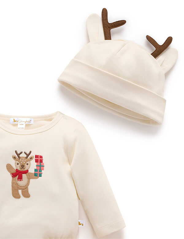Baby outfit with sweatshirt and hat featuring a reindeer design on a white background