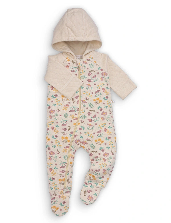 Cream baby onesie with floral print, quilted hood and sleeves, full zipper, footed design