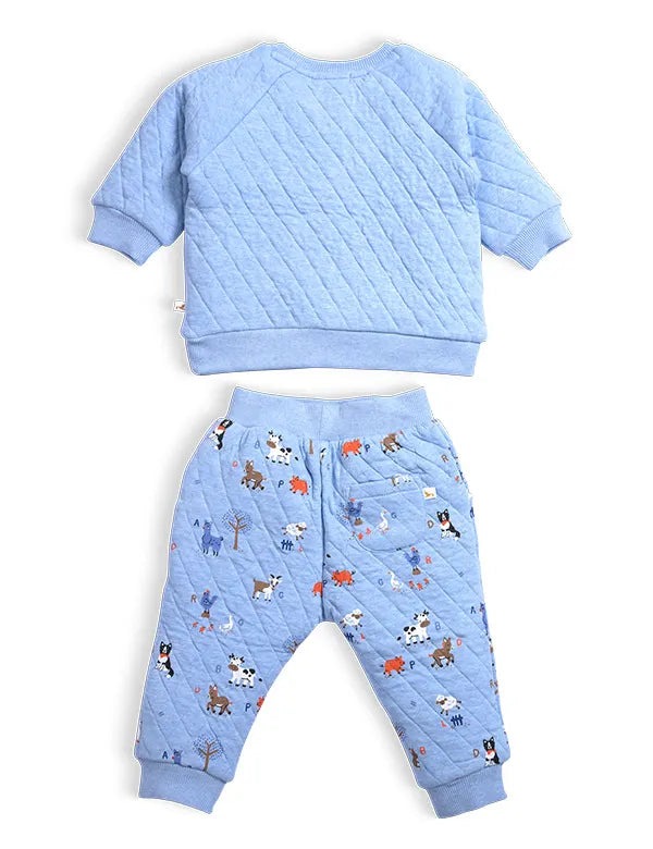 organic quilted blue baby winter clothes set with animal print pants and plain sweater