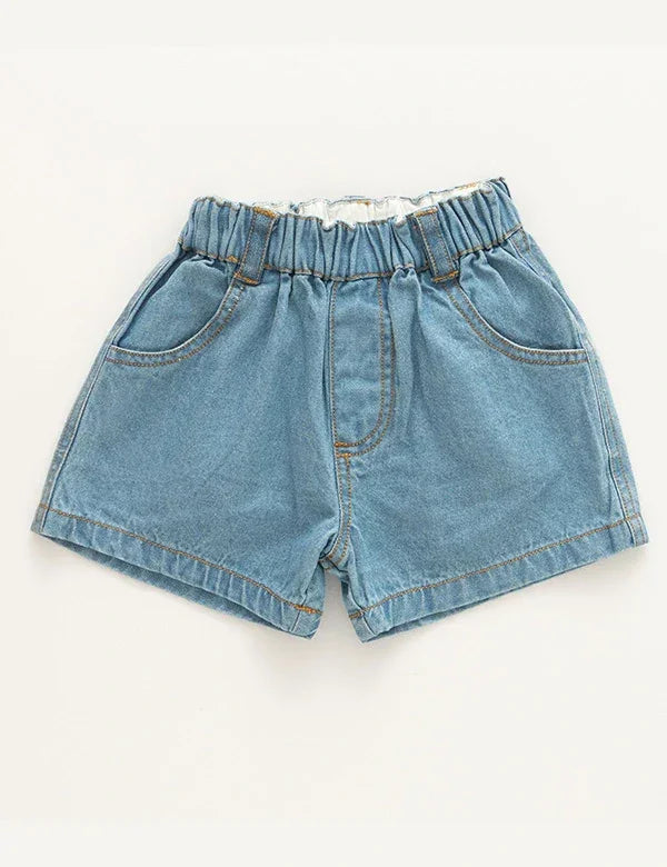 Light blue elastic waist denim shorts for baby boys with front pockets