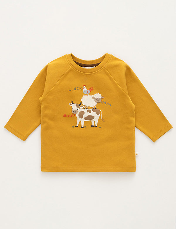 Mustard yellow baby long-sleeve top with cute farm animal prints: cow, sheep, and chicken