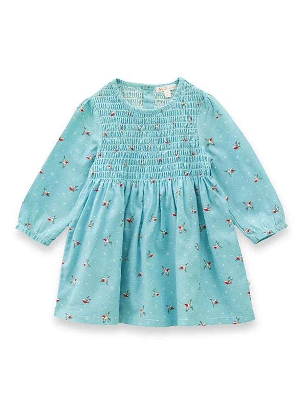 Blue baby girl smocked dress with tiny red bird print and long sleeves, front view