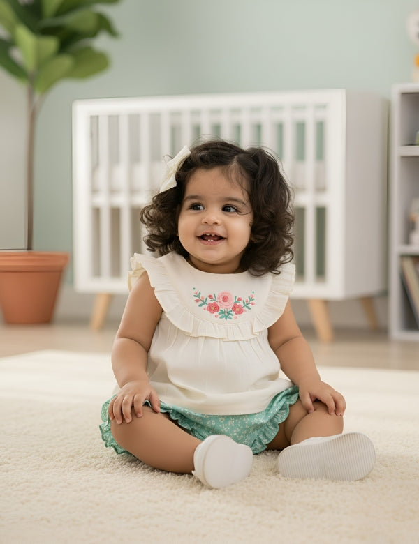 Smiling baby girl wearing floral embroidered cream top and green bloomer shorts sitting on carpet in nursery