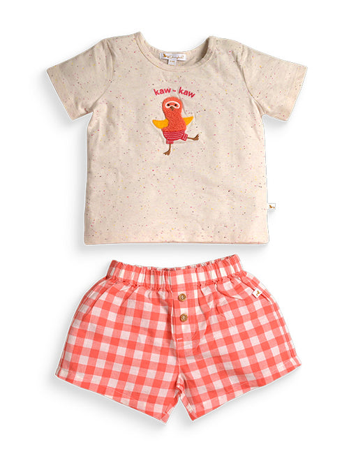 Peach Gingham Shorts & Bird T-Shirt Set