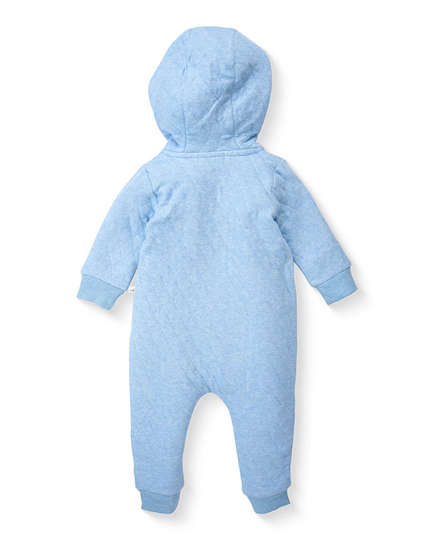Light blue quilted baby romper with hood – back view.