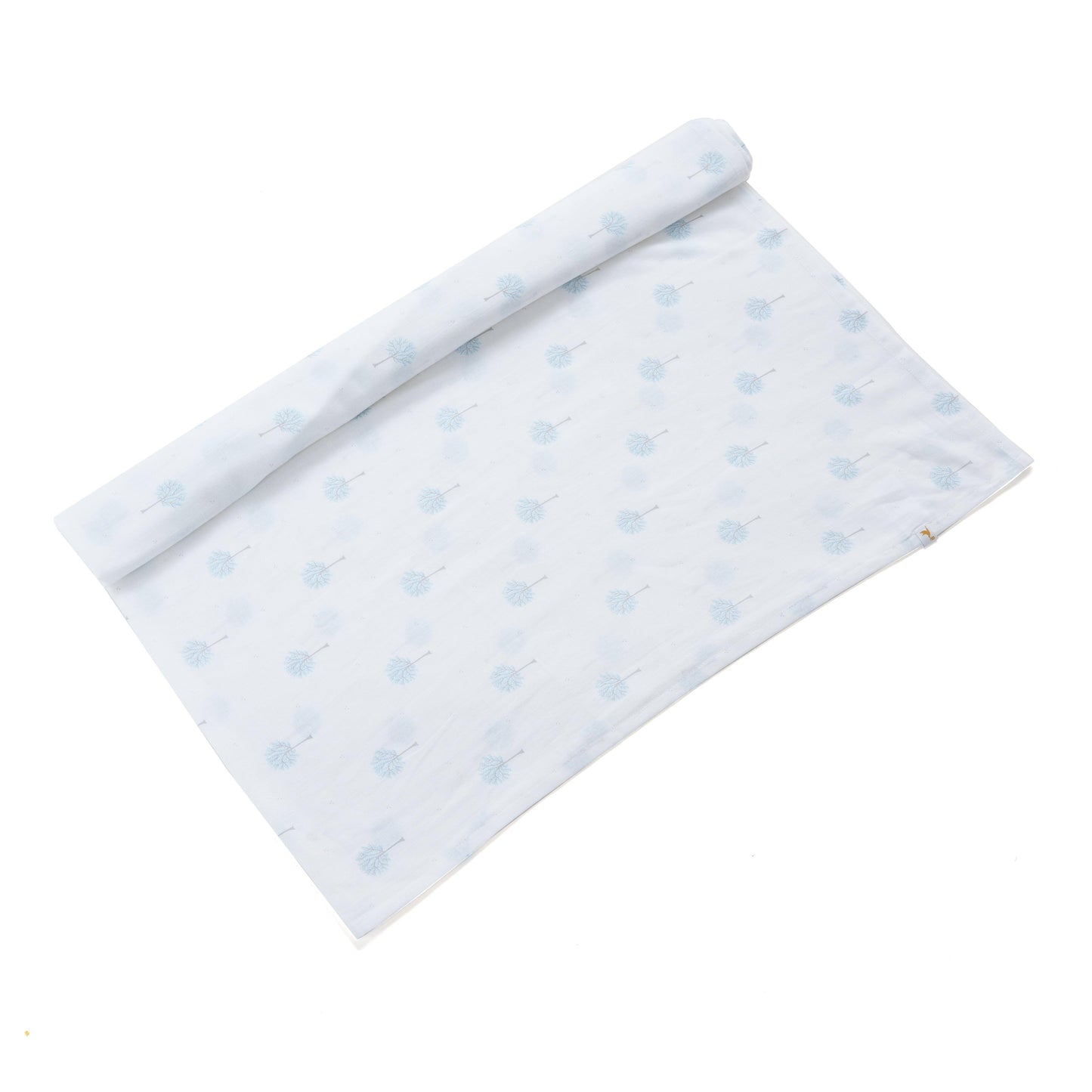 White baby swaddle blanket 125x125 cm with delicate light blue tree print pattern