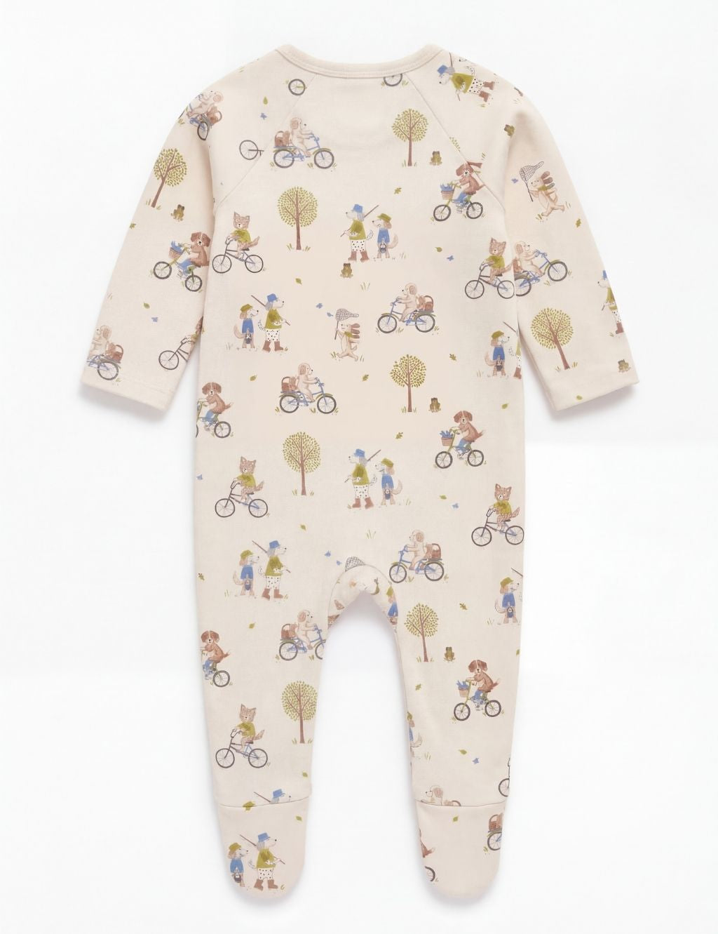 Back view of a cream organic cotton baby zipper romper featuring a playful animal print.