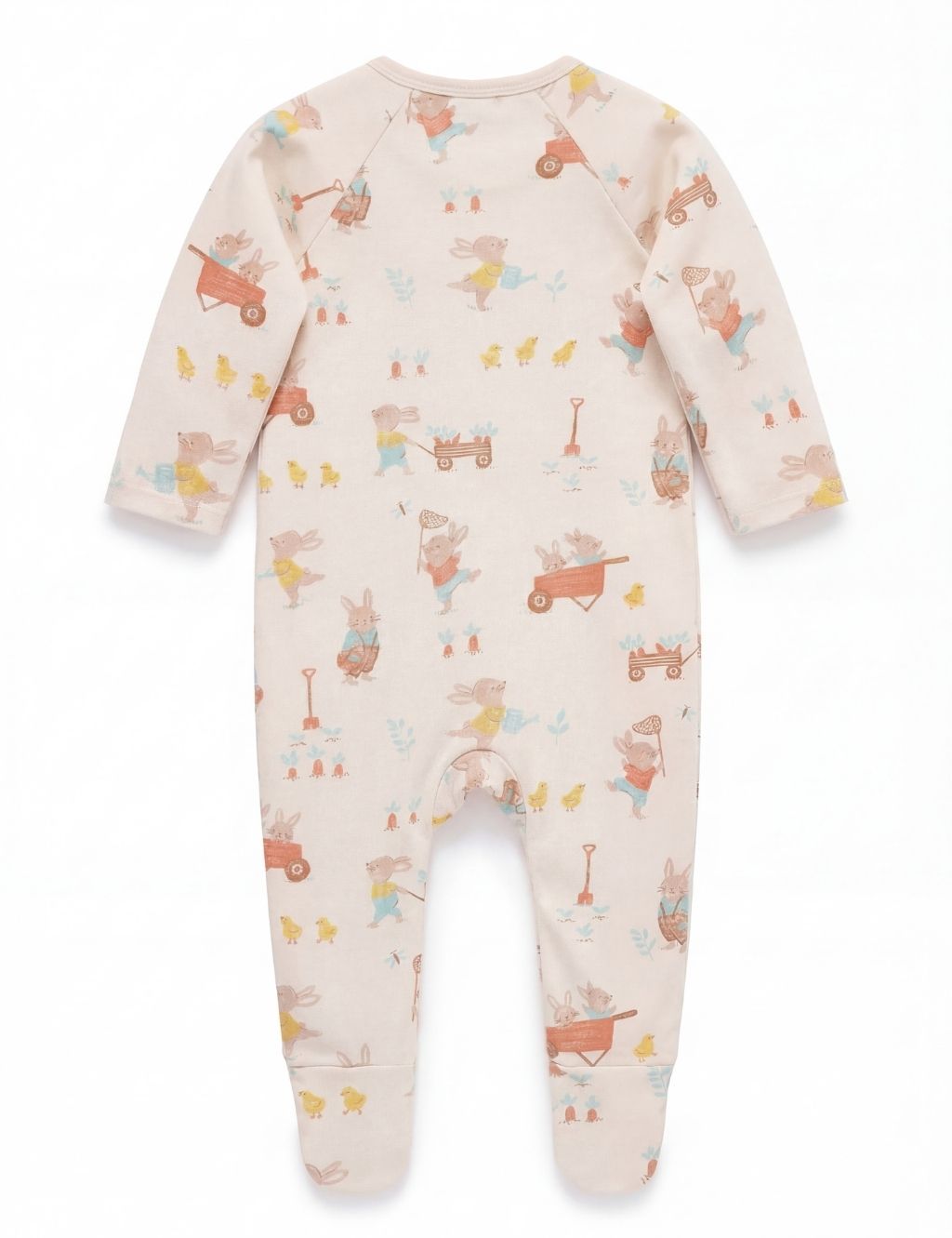Back view of an organic cotton baby romper featuring a playful Easter bunny print.
