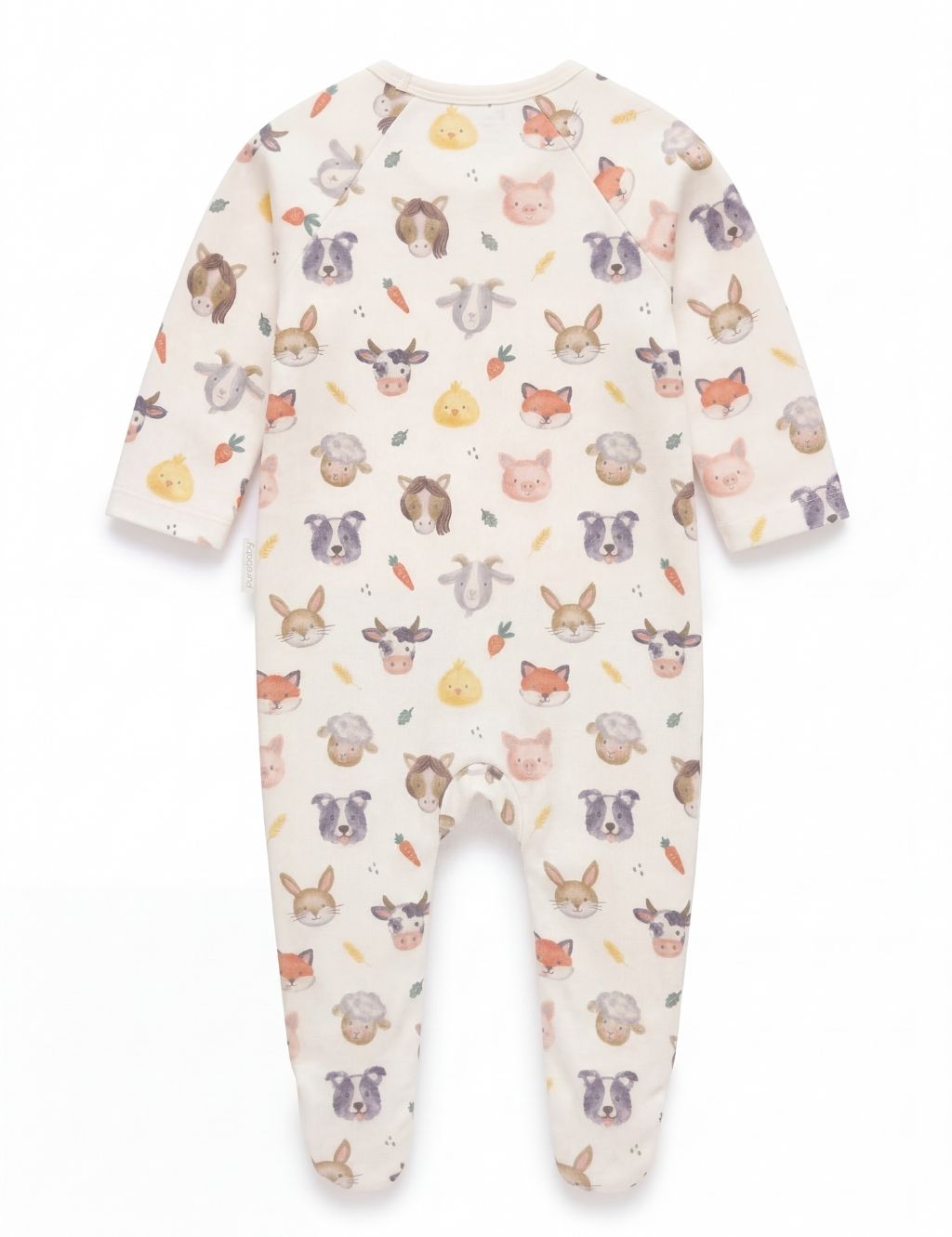 Back view of a long-sleeve white organic cotton baby romper with farm animal prints.