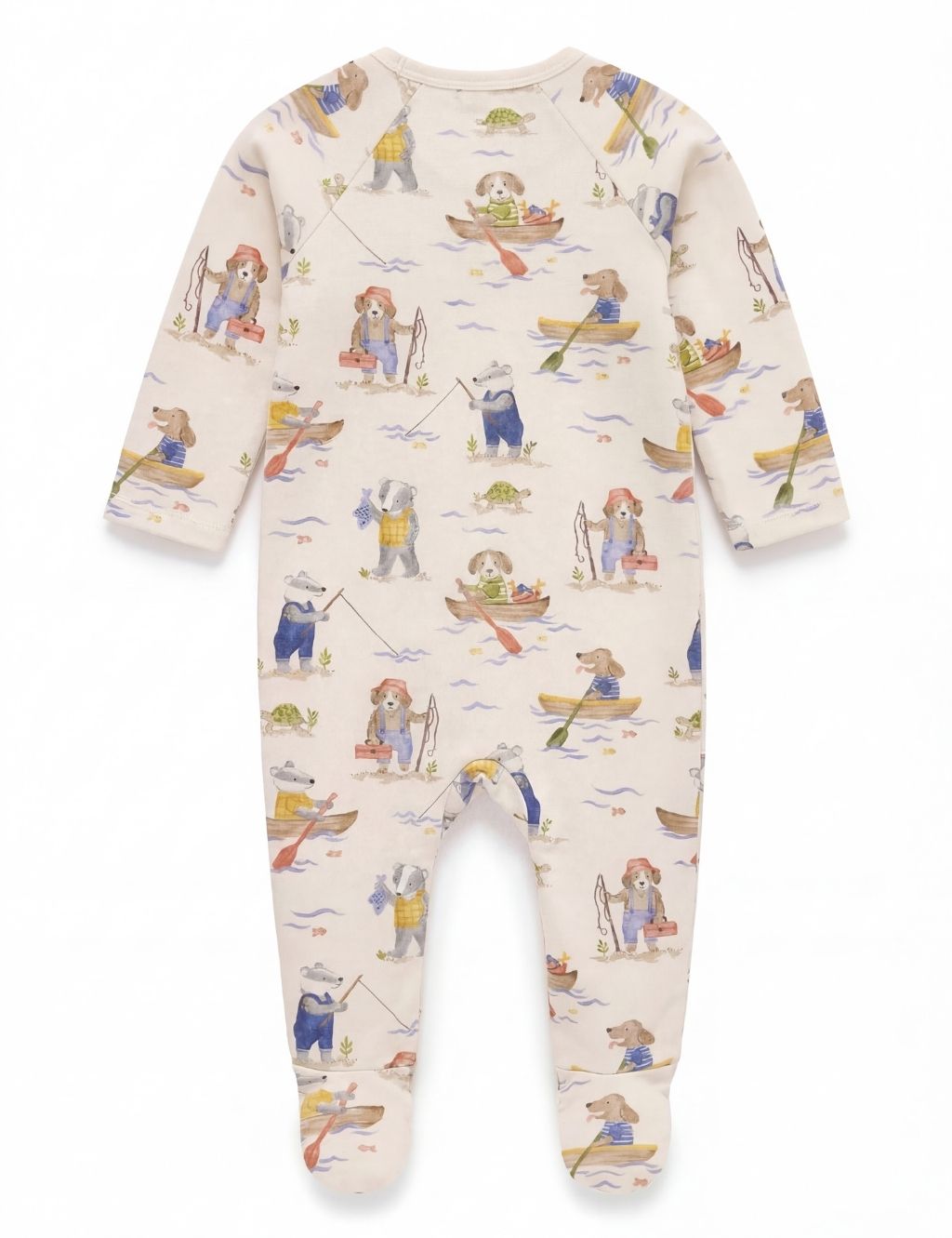 Back view of a cream organic cotton baby zipper romper featuring a playful fisherman print.