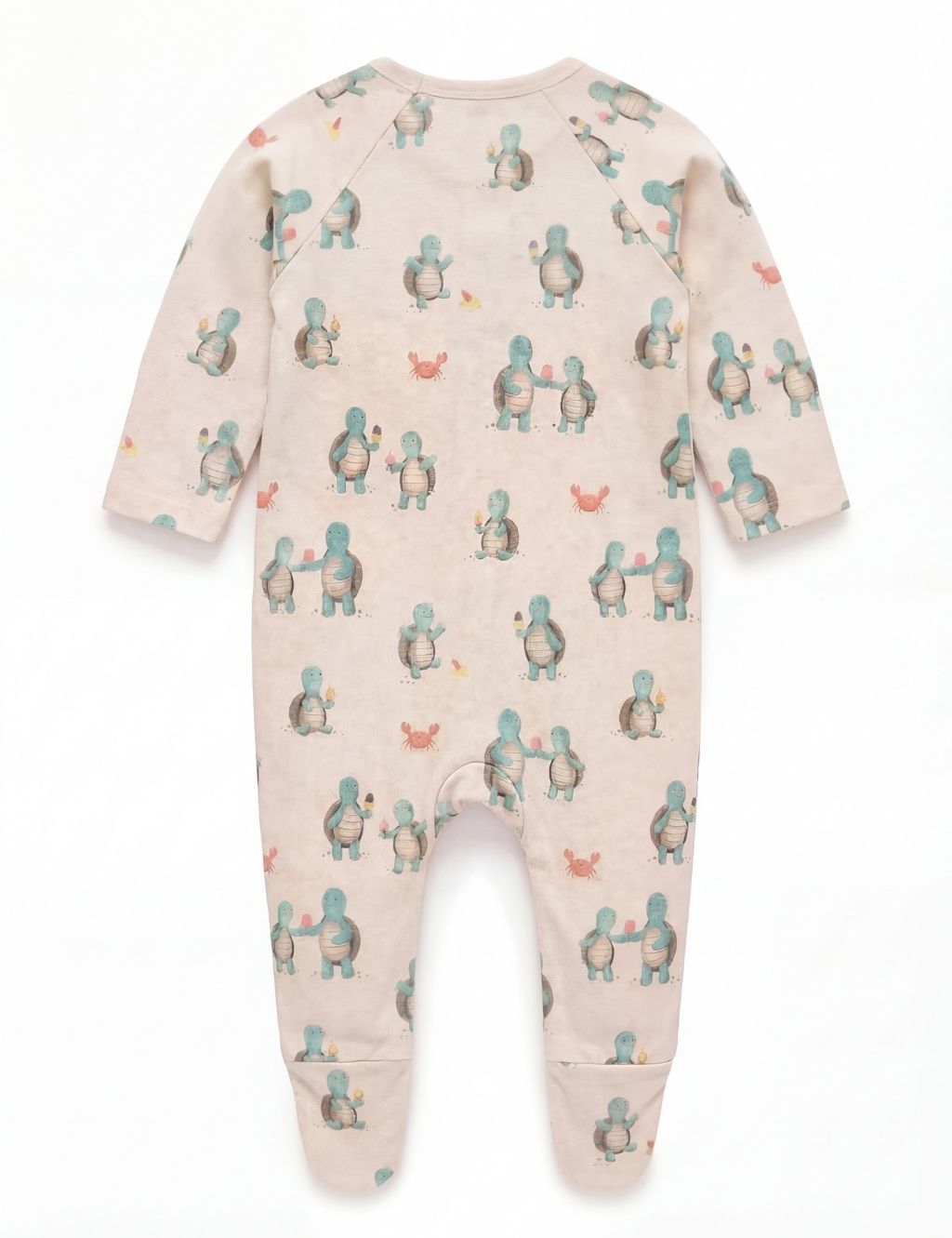 Back view of a beige organic cotton baby romper featuring a playful hungry turtle design.
