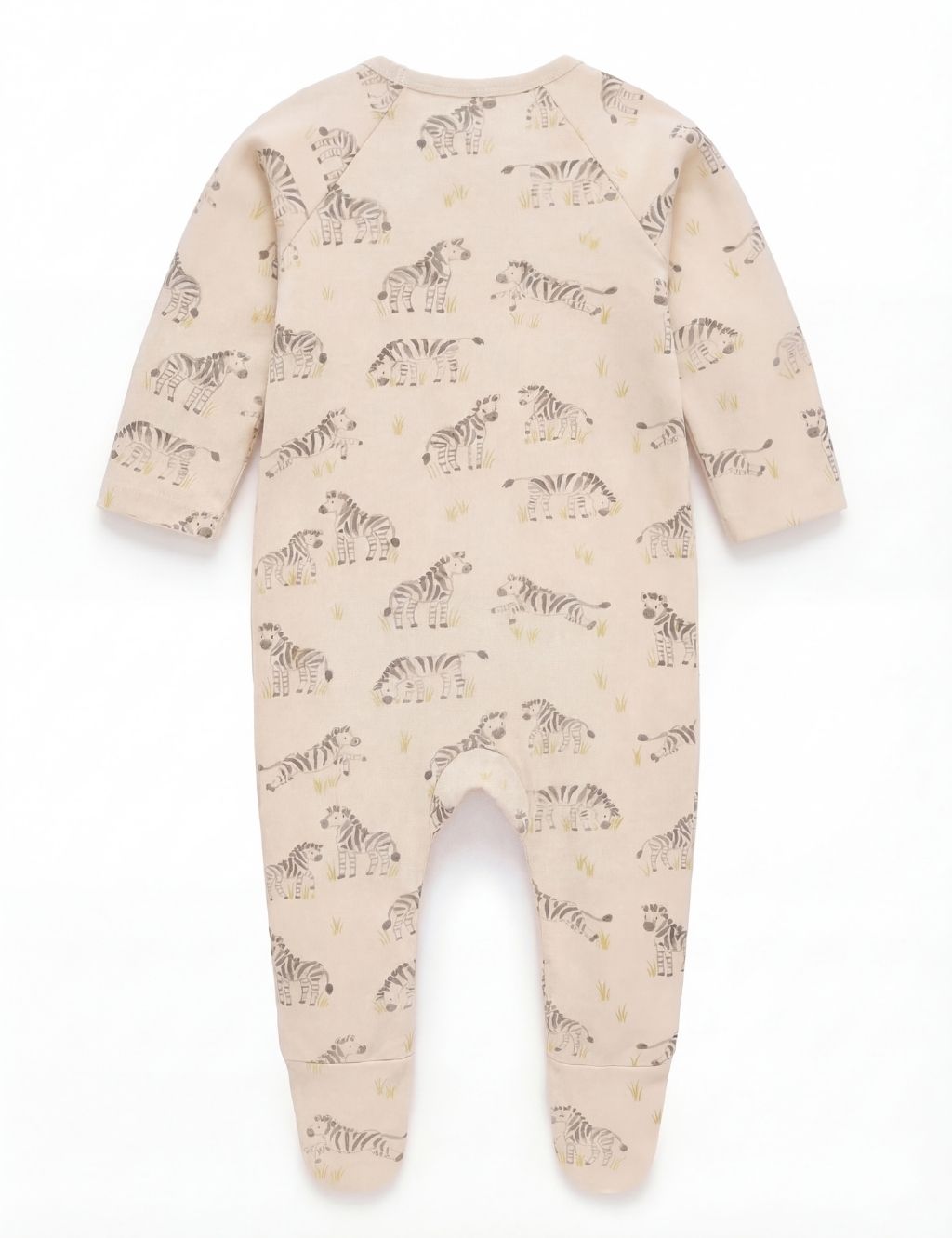 Full back view of a cream organic cotton baby zipper romper featuring a grazing zebra print.