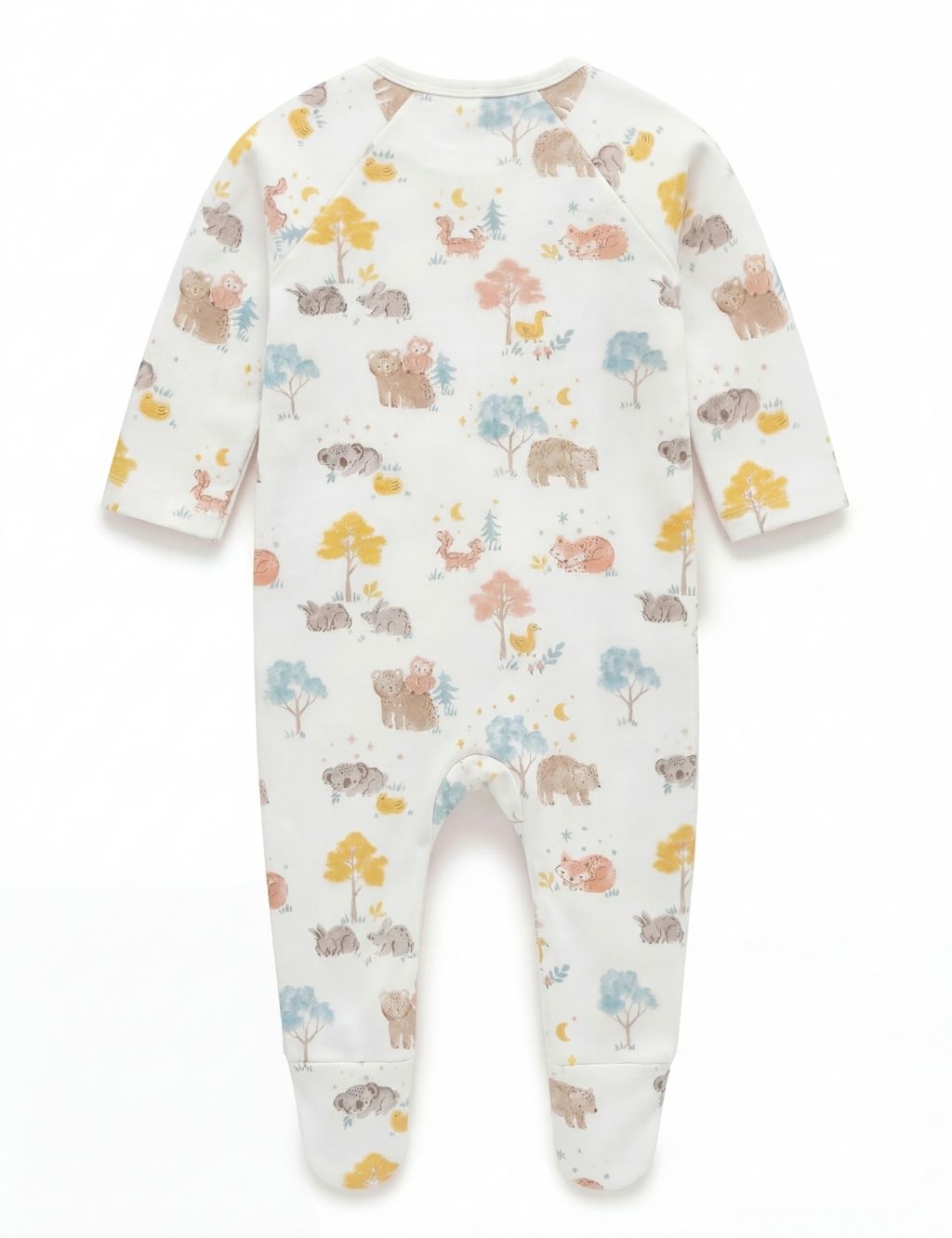 Back view of a white organic cotton baby zipper romper featuring a little nap print.