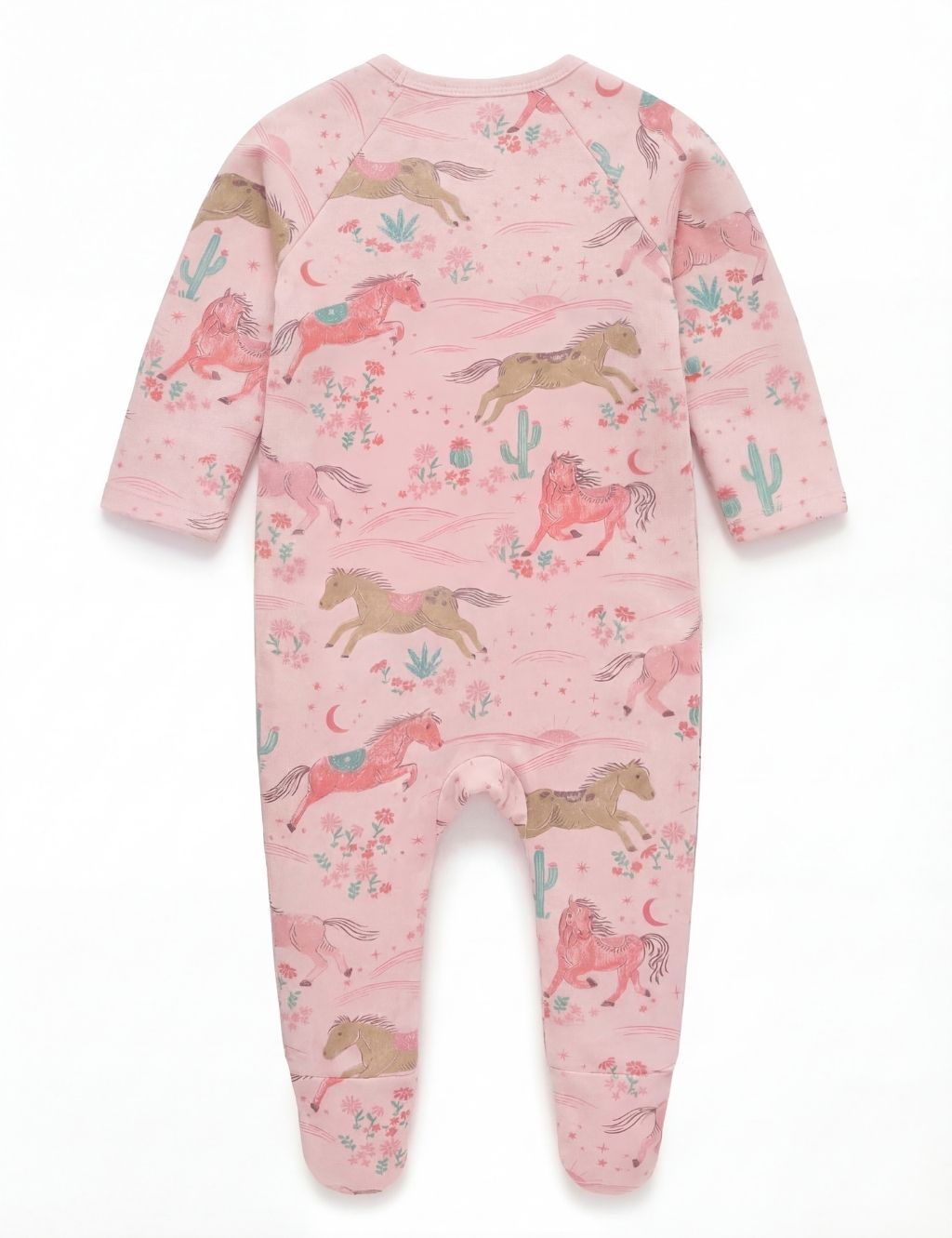 Back view of a pink organic cotton baby zipper romper featuring desert horse prints.