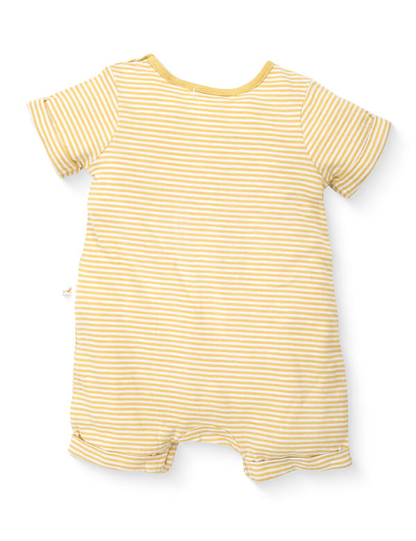 back view of yellow and white striped short-sleeve baby romper on white background