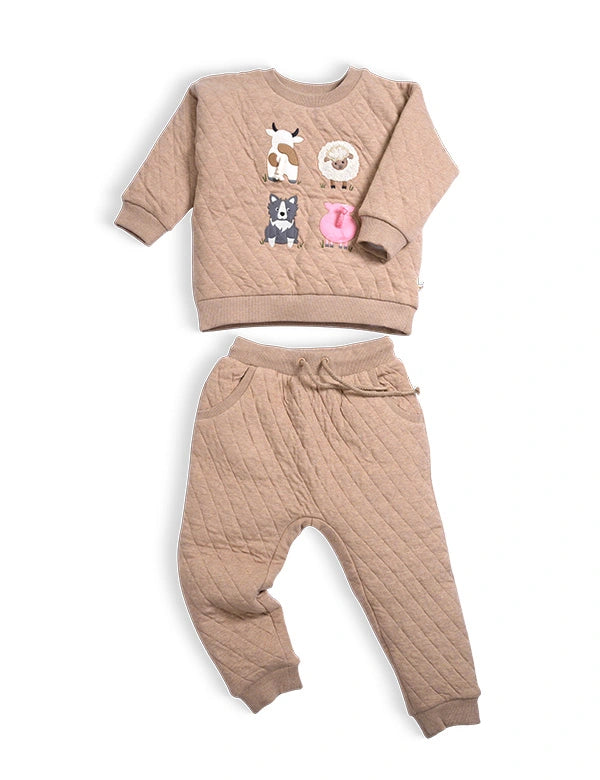 Children's quilted beige sweatshirt and pants set with animal illustrations on a white background