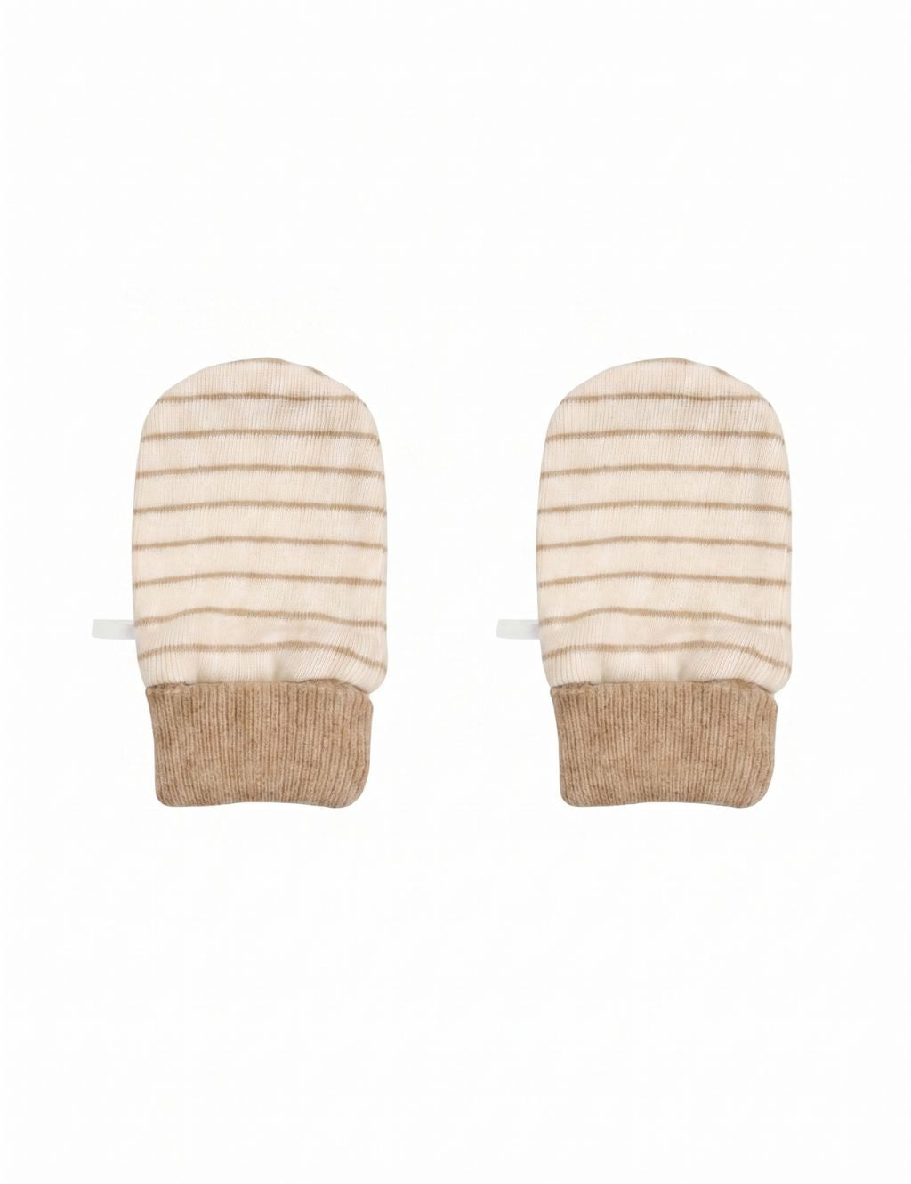 A pair of cream-colored baby scratch mittens featuring thin horizontal beige stripes and solid beige ribbed cuffs, laid flat against a plain white background.