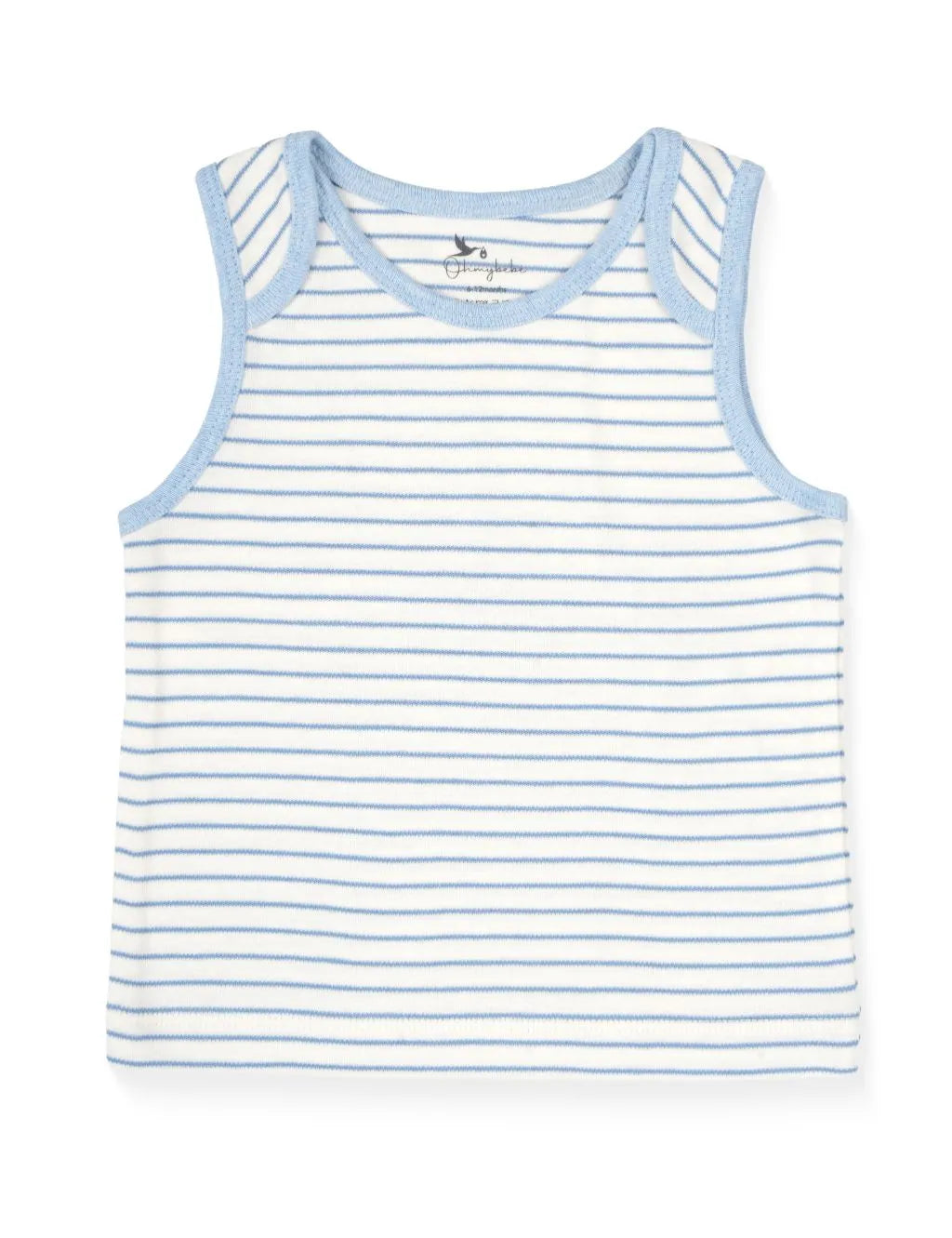 A sleeveless white baby tank top featuring thin horizontal blue stripes and solid light blue ribbed trim around the neckline and armholes, laid flat against a plain white background.