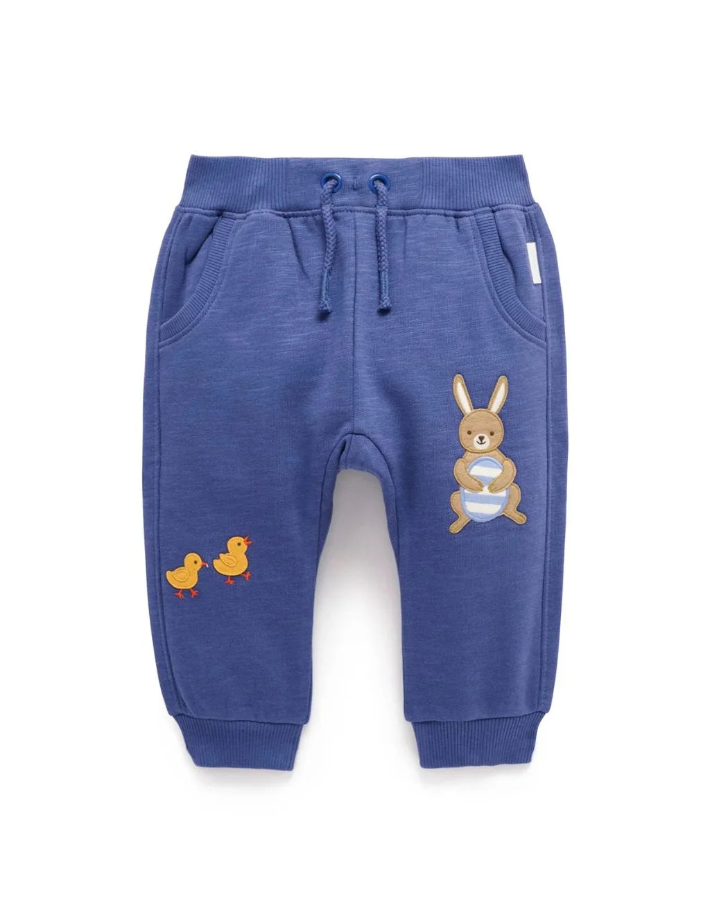 Dark blue brushed fleece baby jogger pants featuring an Easter bunny appliqué and pockets.