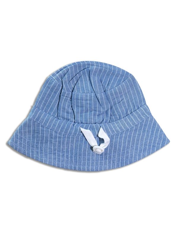 Blue checkered bucket hat with a white logo on a white background
