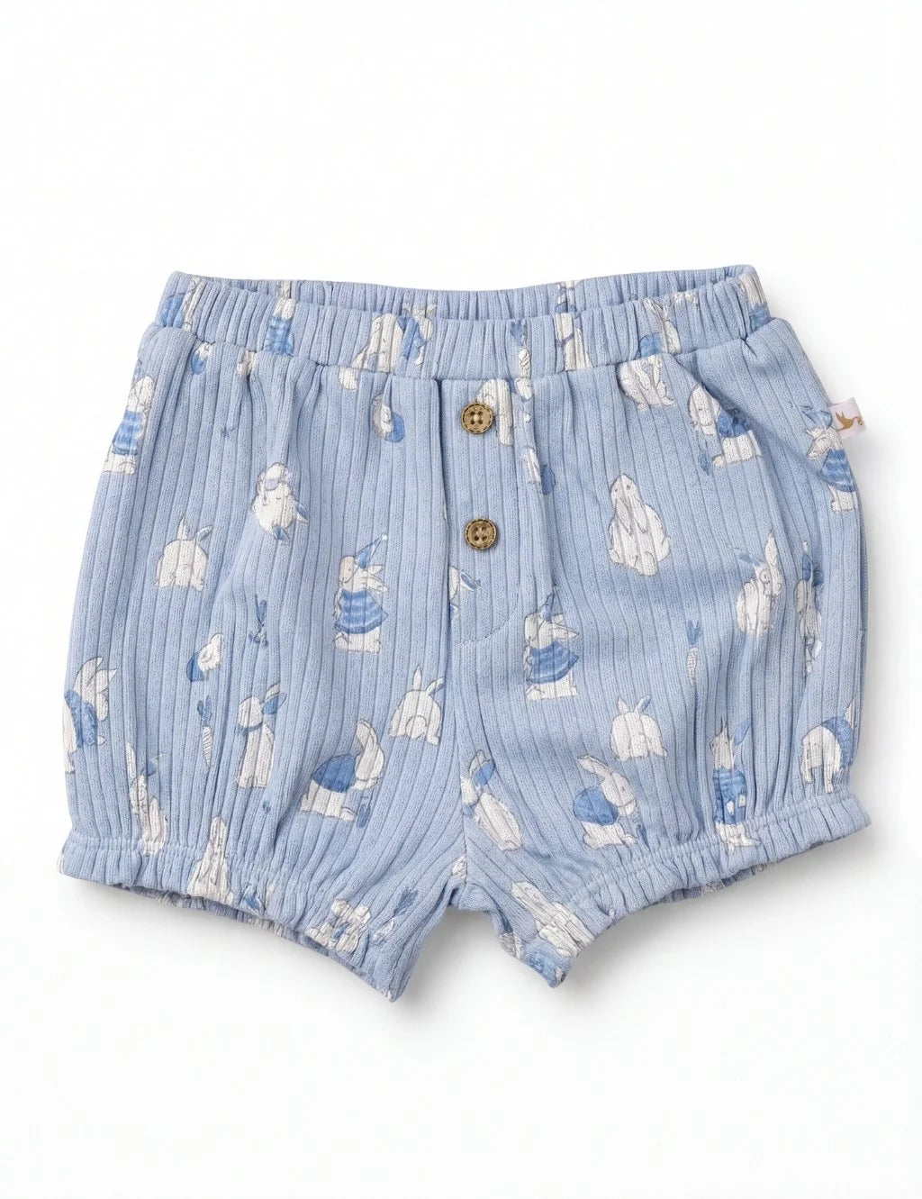 Light blue ribbed organic cotton baby bloomers featuring an all-over white bunny print and faux front button details.