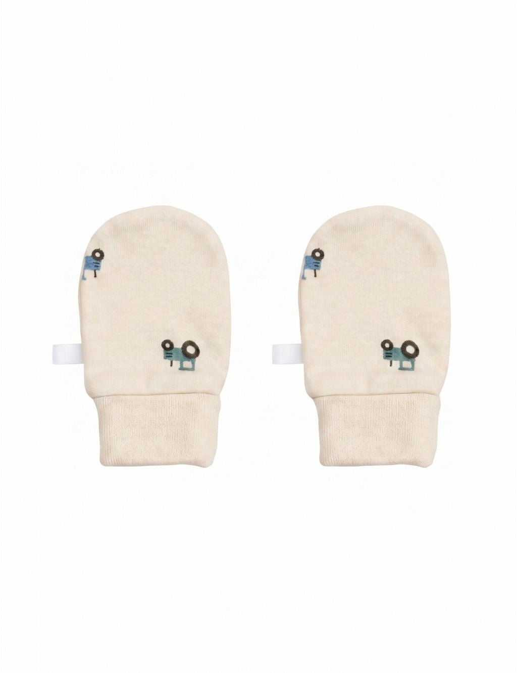 A pair of cream-colored baby scratch mittens featuring a small blue tractor print, laid flat against a plain white background.