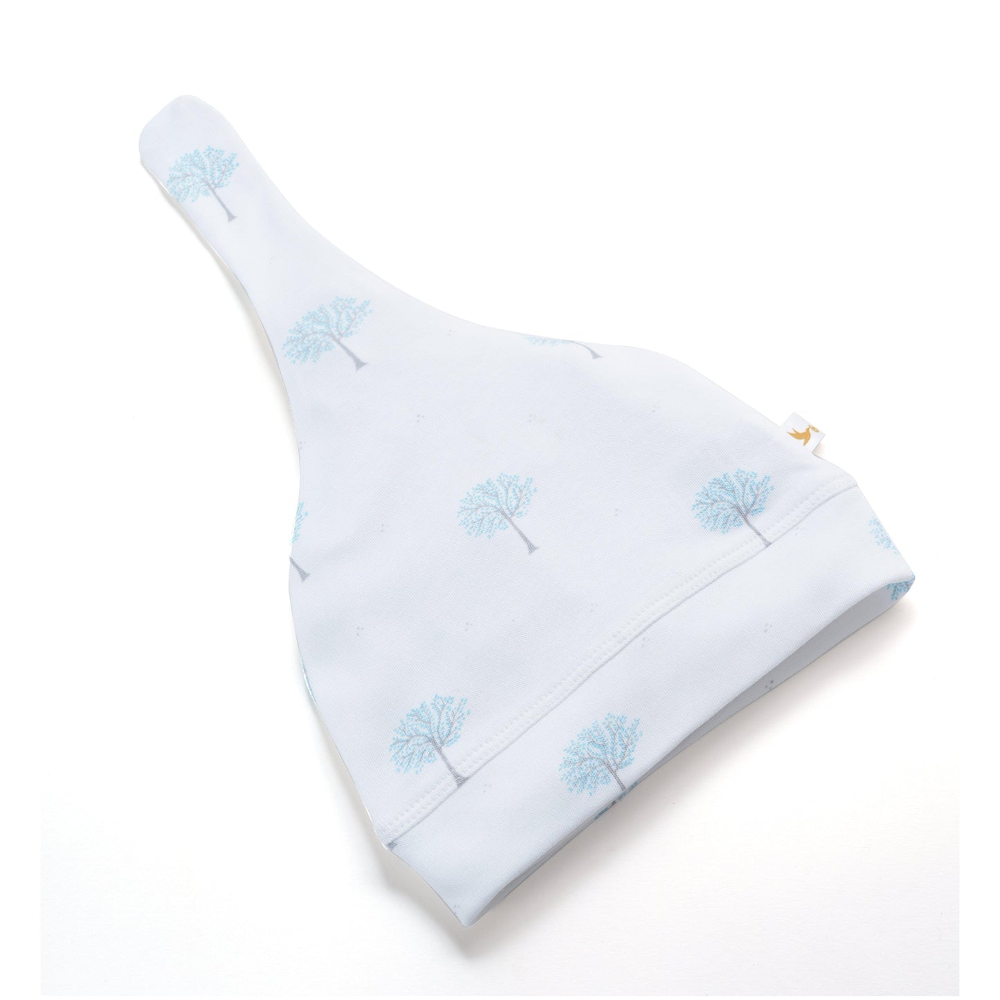 white baby knot cap with light blue tree pattern on white background