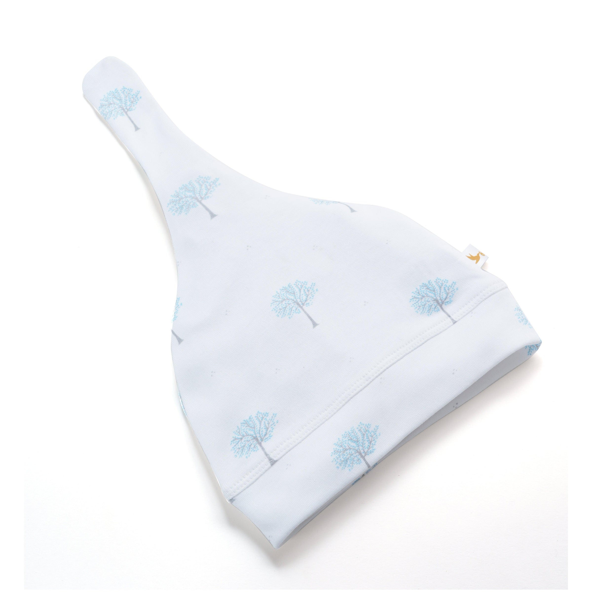 white baby knot cap with light blue tree pattern on white background