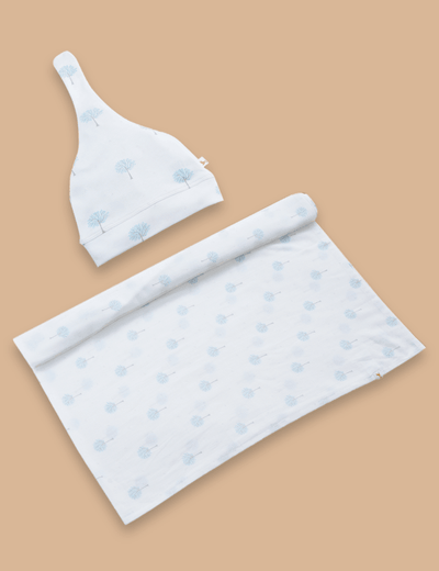 Organic Cotton Wrap & Cap Set – Tree Print Blue (125 cm x 125 cm) - ohmybebe