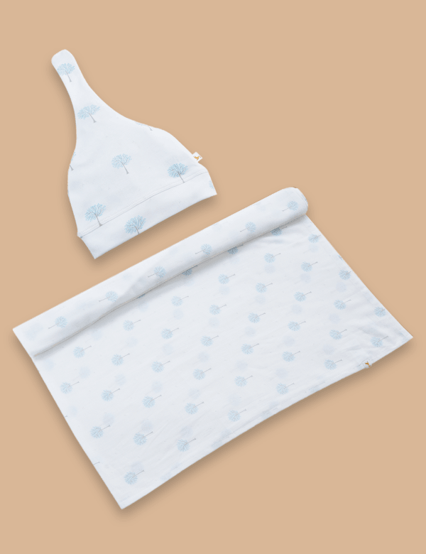 Organic Cotton Wrap & Cap Set – Tree Print Blue (125 cm x 125 cm) - ohmybebe