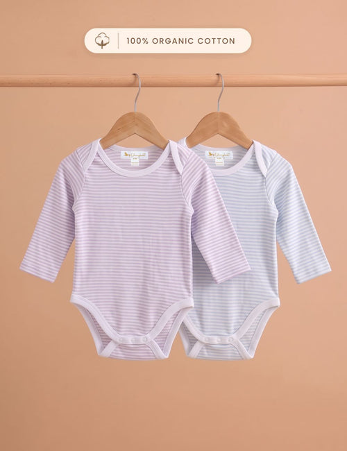 Organic Cotton Long sleeve bodysuit 2-pack-Striped Pink & Grey
