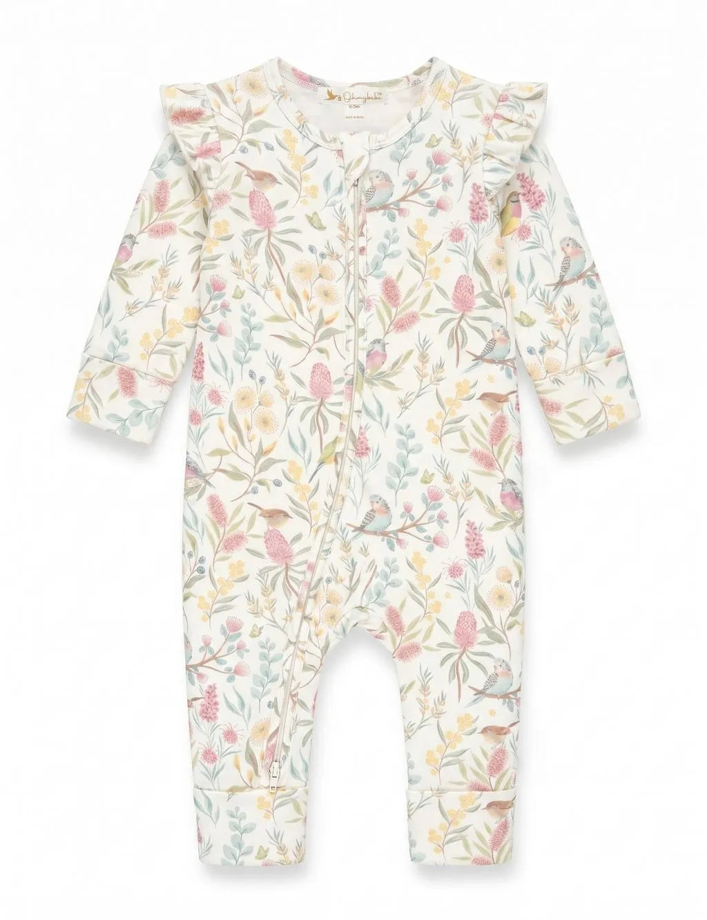 Front view of a cream long sleeve zip romper with ruffle shoulders and a botanical bird print on a white background