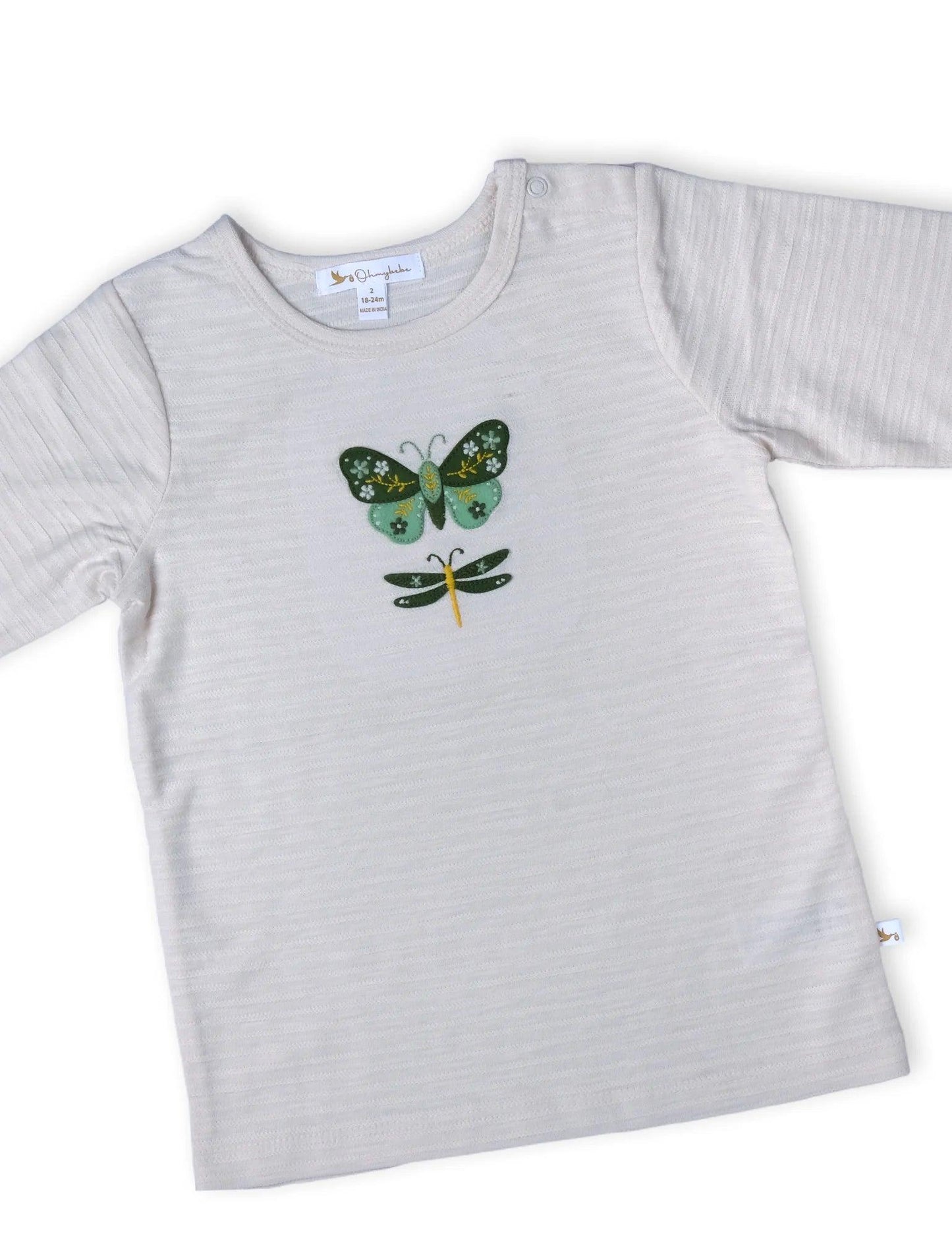 White baby long-sleeve tee with green butterfly and dragonfly applique design