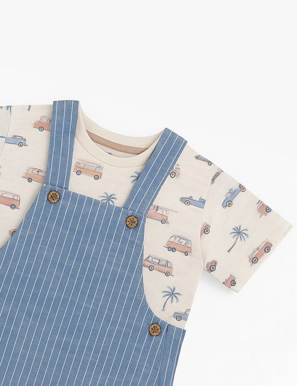 Children's outfit with blue striped overalls and a matching shirt with car and palm tree pattern on a white background.