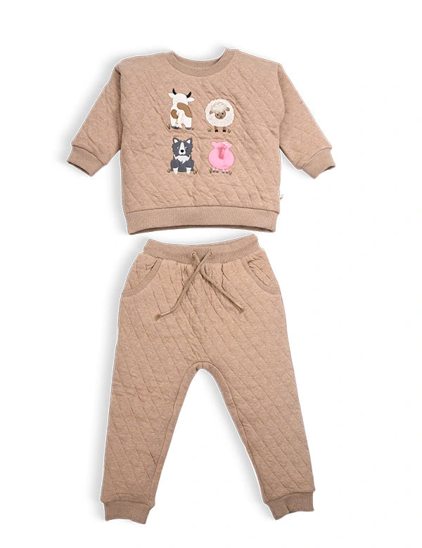 Children's brown sweatshirt and pants set with animal illustrations on a white background