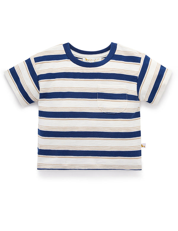 Children's short-sleeve t-shirt with blue and beige horizontal stripes and a front pocket