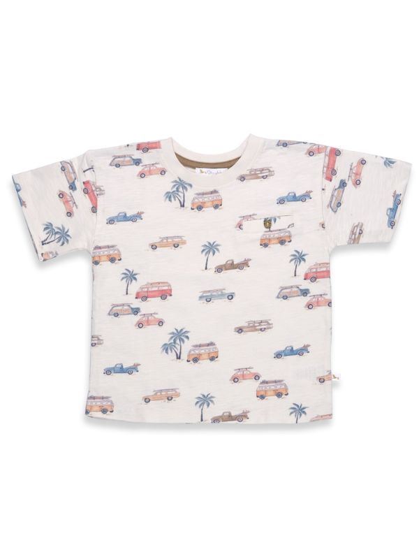 Children's t-shirt with car and palm tree pattern on a white background