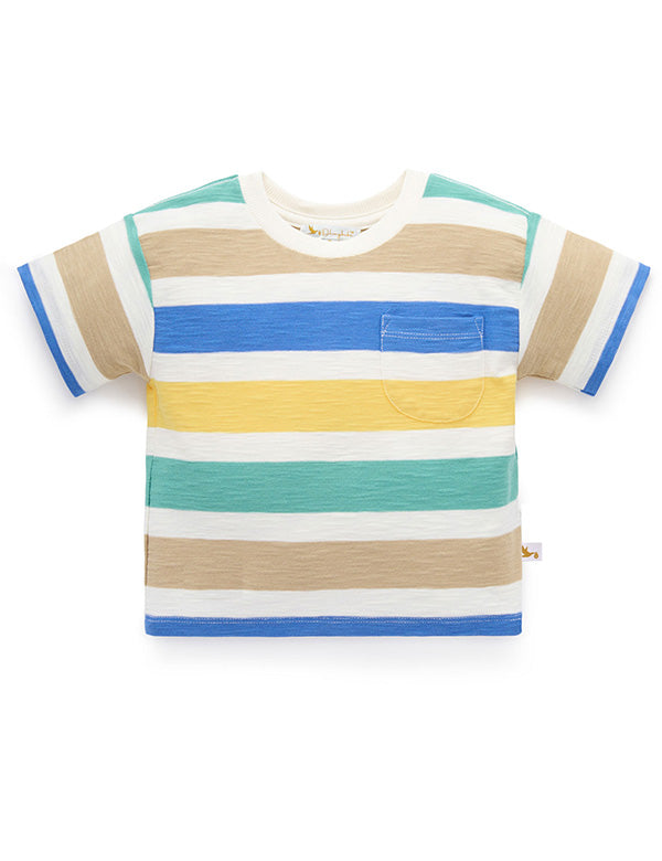 Kids short sleeve t-shirt with horizontal stripes in blue, yellow, beige, and green, featuring a small chest pocket