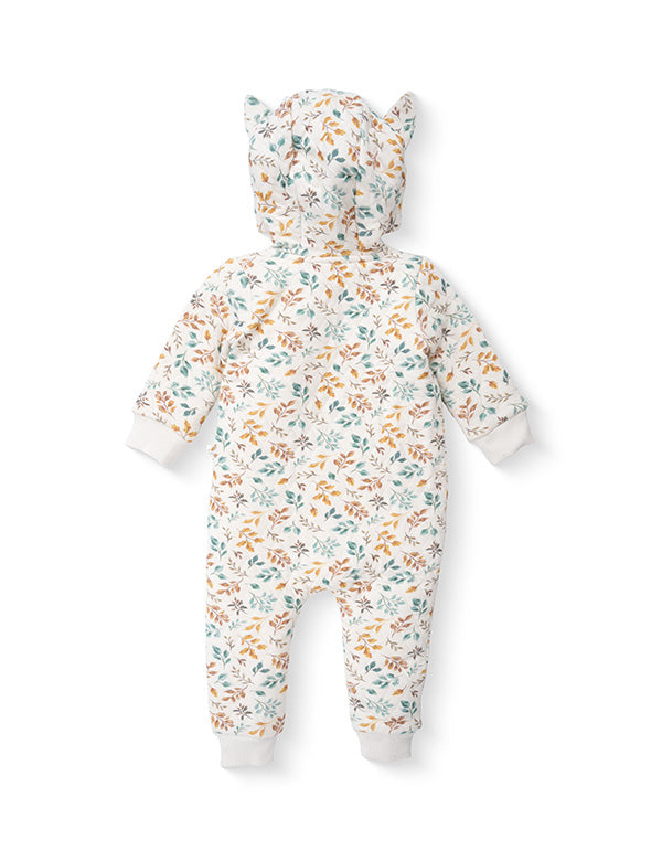 Baby winter onesie with hood and ears, featuring multicolor leaf print on white fabric
