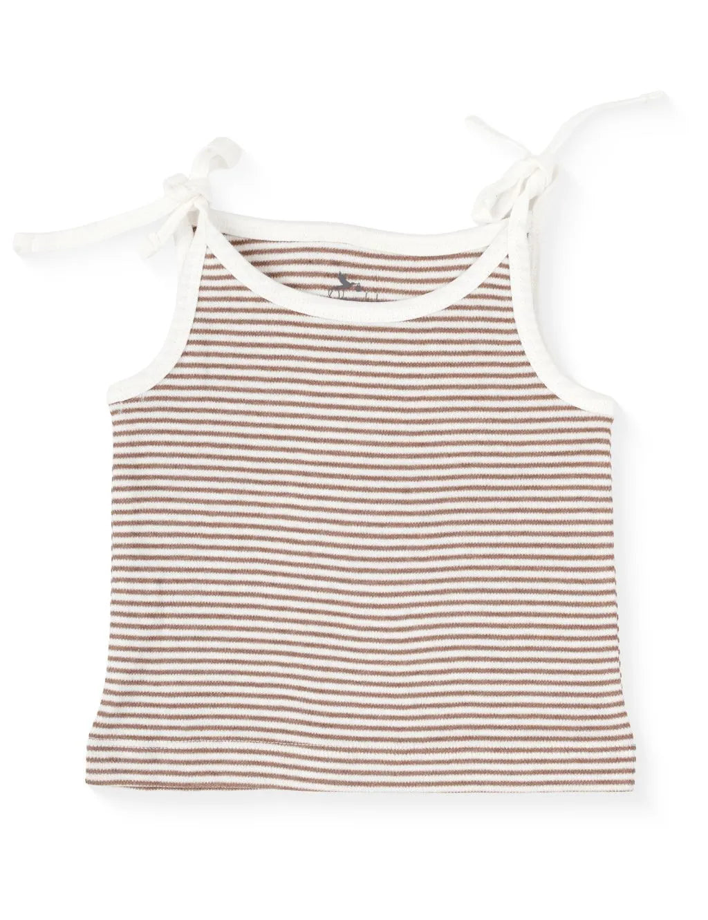 A cream-colored sleeveless baby camisole tank top featuring thin horizontal brown stripes, contrasting cream trim along the neckline and armholes, and adjustable tie-up shoulder straps, laid flat against a plain white background.