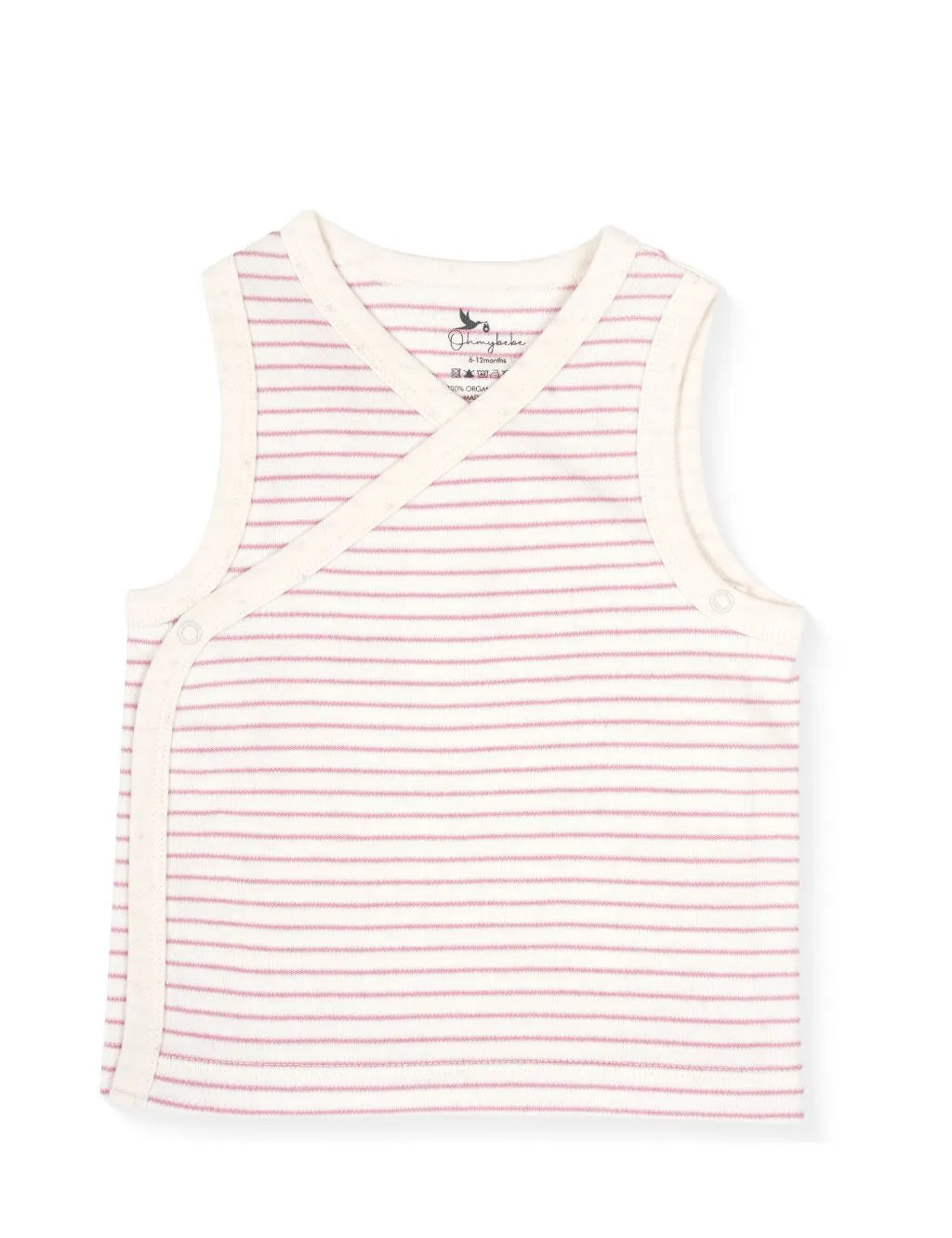 A sleeveless cream-colored baby wrap-style tank top featuring thin horizontal brown stripes, solid cream trim along the neckline and crossover edges, and side snap-button closures, laid flat against a plain white background.