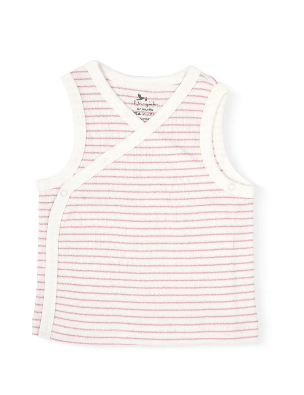A sleeveless cream-colored baby wrap-style tank top featuring thin horizontal pink stripes, solid cream trim along the neckline and crossover edges, and side snap-button closures, laid flat against a plain white background.