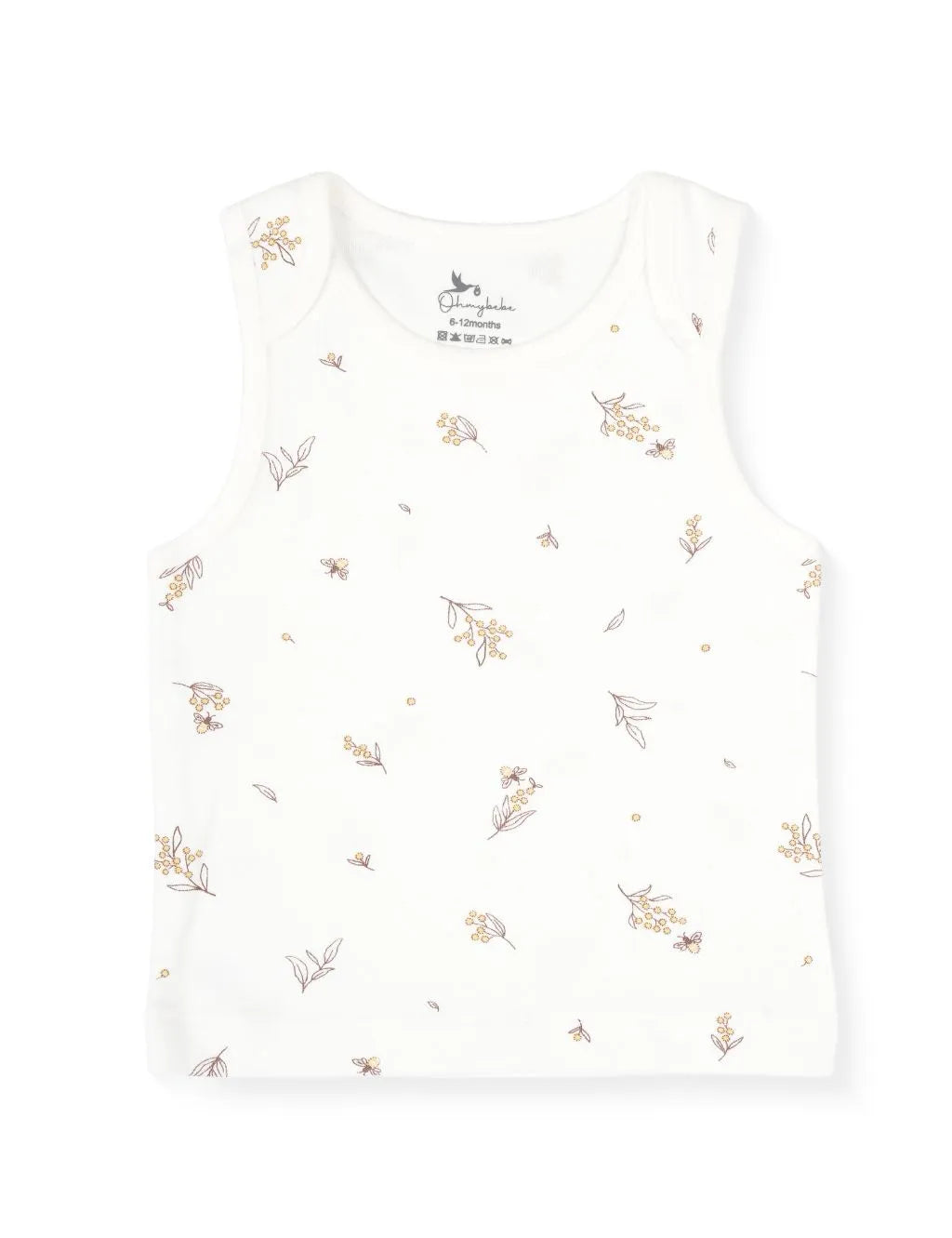 A sleeveless cream-colored baby tank top featuring a delicate scattered pattern of small brown leaves and yellow botanical sprigs, finished with clean tonal trim along the neckline and armholes, laid flat against a plain white background.