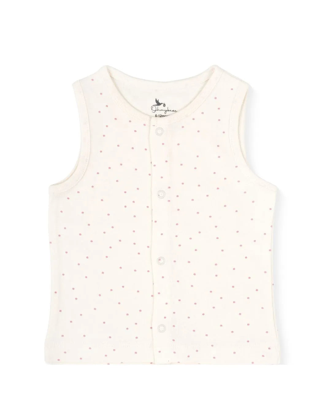A sleeveless cream-colored baby tank top featuring a delicate scattered pattern of small brown dots, a full-length front snap-button closure, and tonal stitched trim along the neckline and armholes, laid flat against a plain white background.
