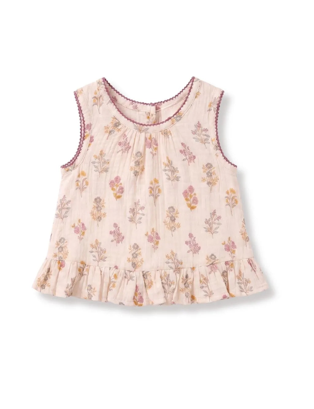Front view of a cream floral print sleeveless baby top with a ruffled hem on a plain white background.
