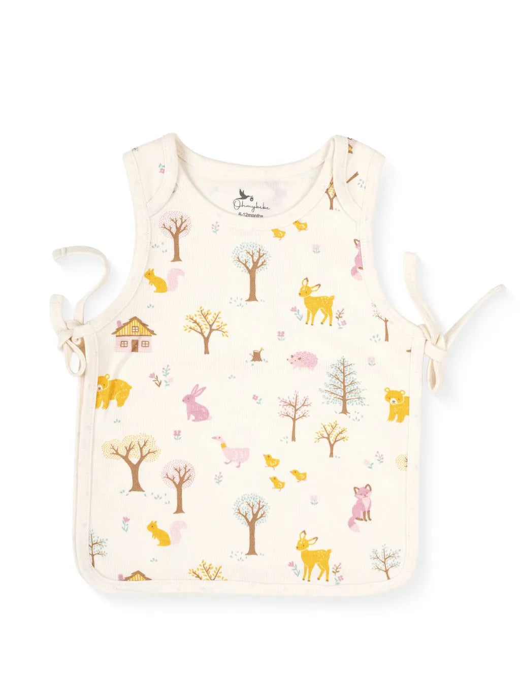 A sleeveless cream-colored baby tank top featuring a whimsical woodland scene print filled with small animals including deer, foxes, bears, rabbits, and squirrels amidst trees and small houses. The top is finished with tonal stitched trim along the edges and adjustable side-tie closures on both sides, laid flat against a plain white background.