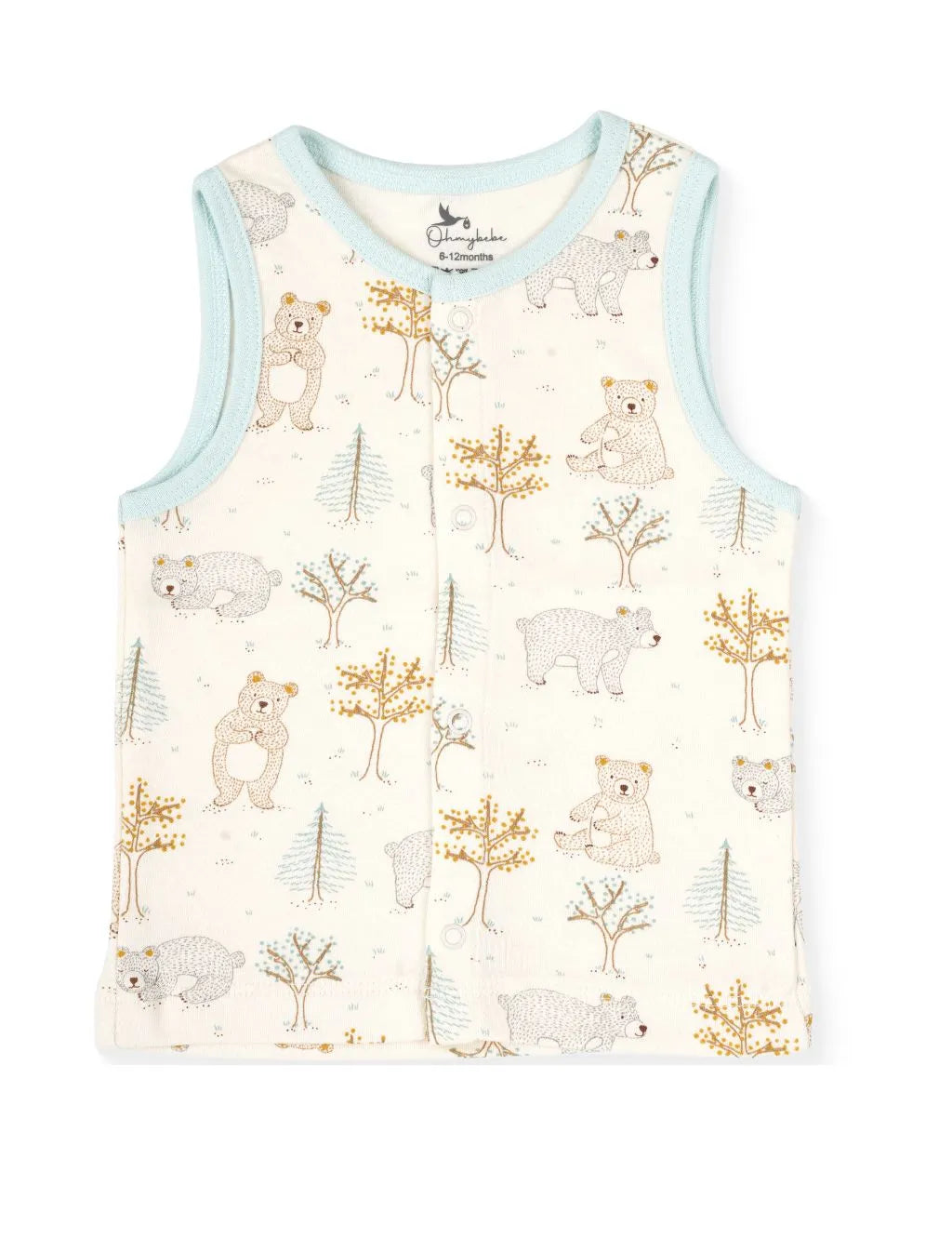 A cream-colored sleeveless baby tank top featuring a whimsical woodland print of brown bears and stylized trees. The top includes a full-length front snap-button closure and is finished with contrasting light blue ribbed trim along the neckline and armholes, laid flat against a plain white background.