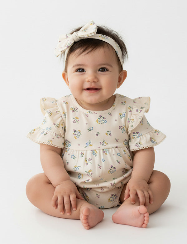 Smiling baby girl wearing cream floral ruffle romper with matching headband, organic cotton baby clothes.