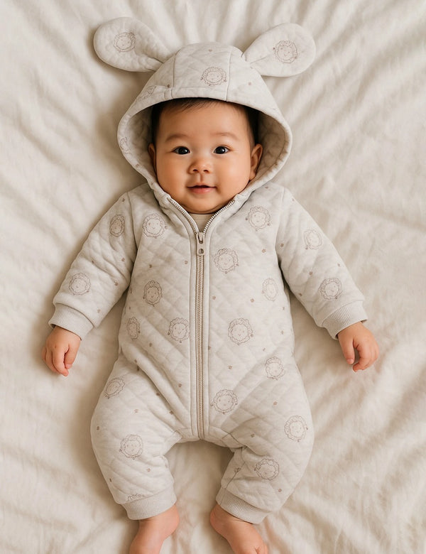  Adorable baby, appearing to be of East Asian descent, wearing a soft cream quilted Purebaby growsuit with a sheep-eared hood and cute sheep prints, lying on a white surface. Shop charming organic baby outfits online in India.