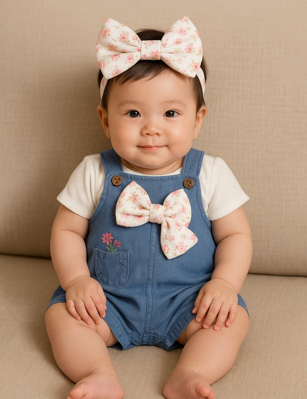 A charming baby, who appears to be of East Asian descent, sitting and smiling while wearing a denim dungaree set with a floral bow headband and a matching bow on the dungarees. Shop adorable baby clothes India.